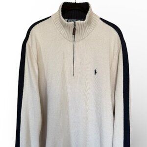 Polo Ralph Lauren Quarter Zip Sweater XL Cream Navy Stripe Cotton